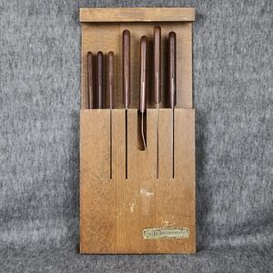 Vintage Forgecraft Knife Set Of 8 Brown Wood Handles Rack Stainless Kitchen